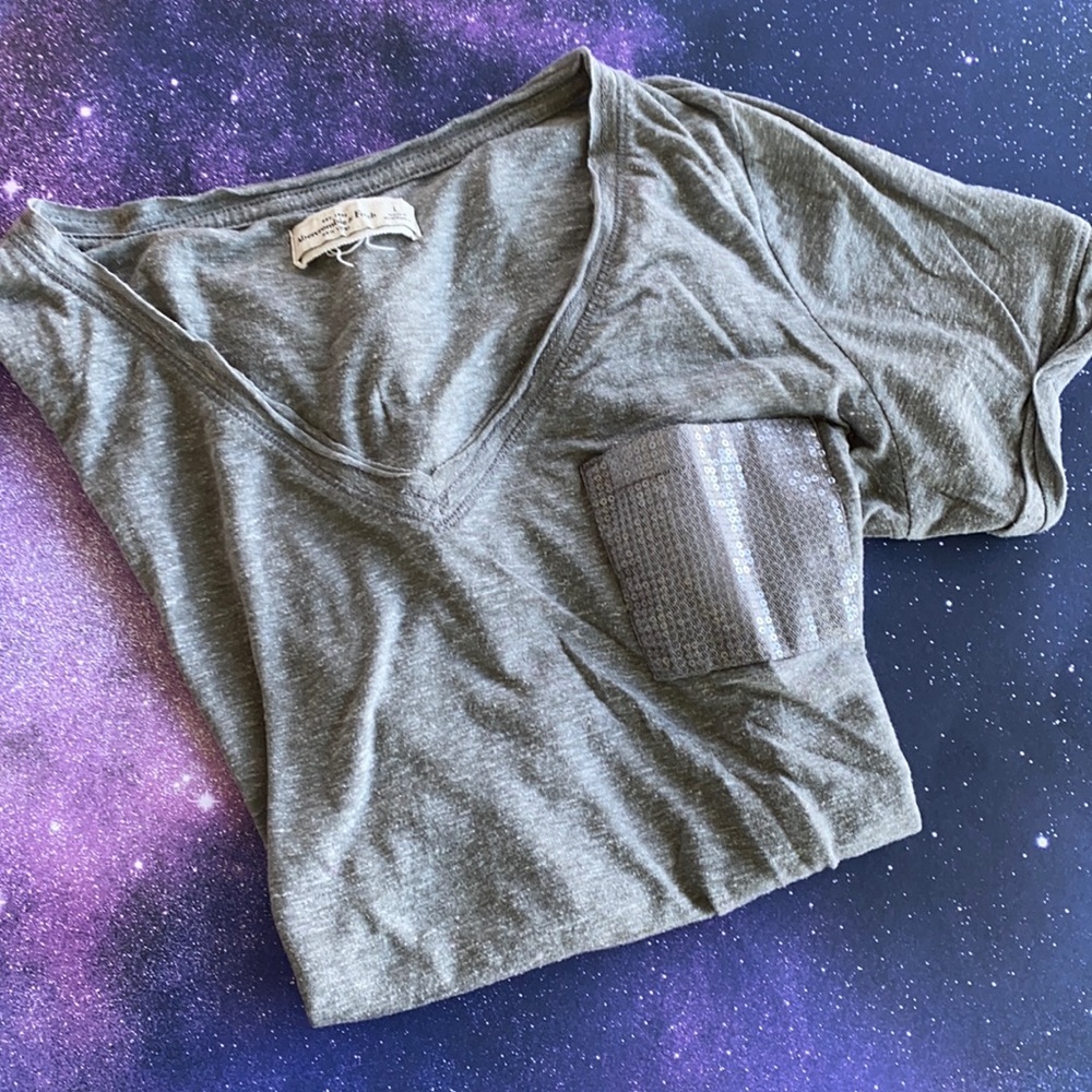 Abercrombie Grey Sequin Accent Tee cuffed sleeve